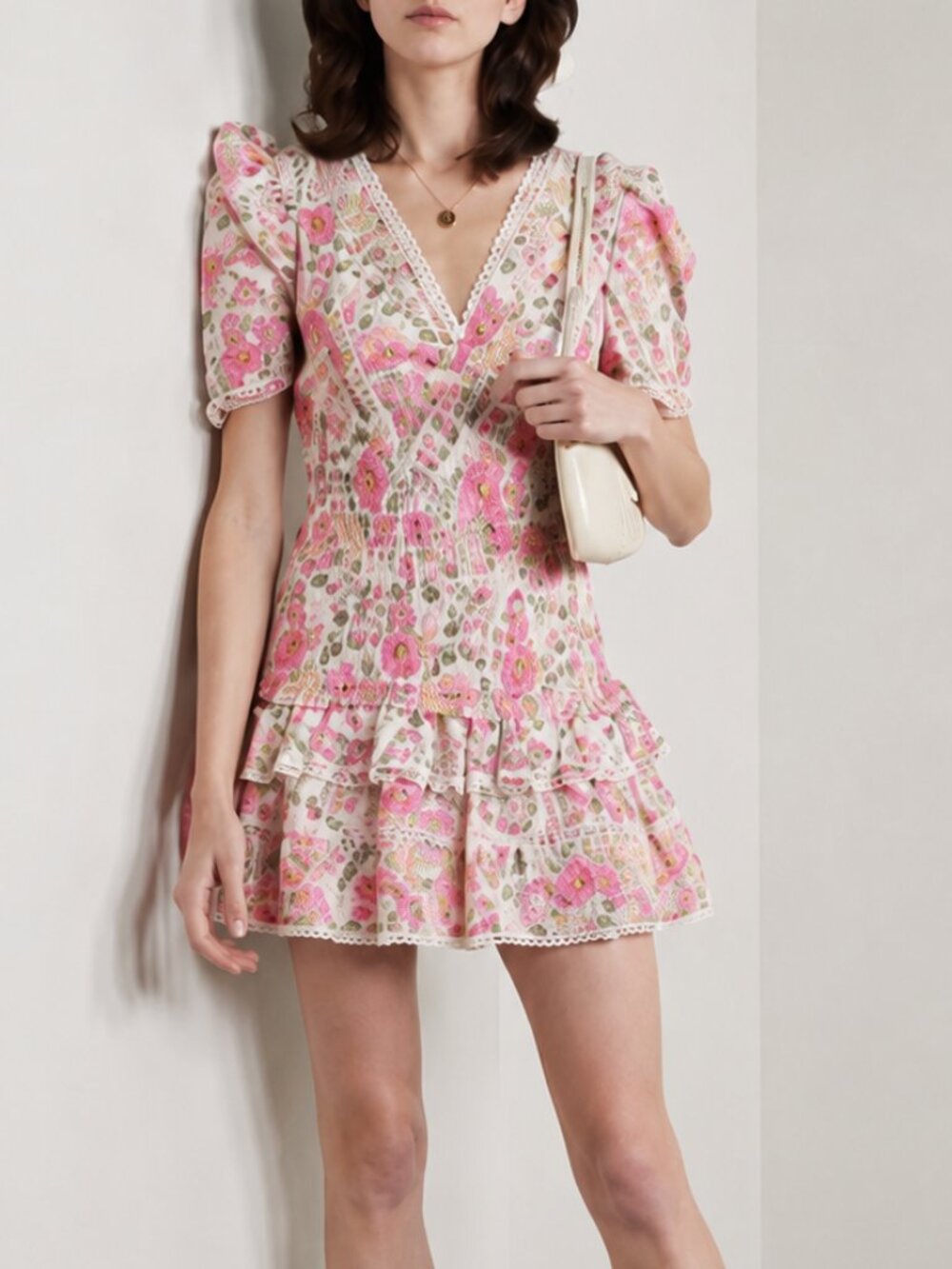 LoveShackFancy Rena Floral Crochet-Trimmed Shirred Mini Dress Pink Roses Size P